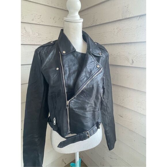 Lulus Women’s Faux Leather Moto Jacket Black L Belted Zippered - Picture 11 of 12